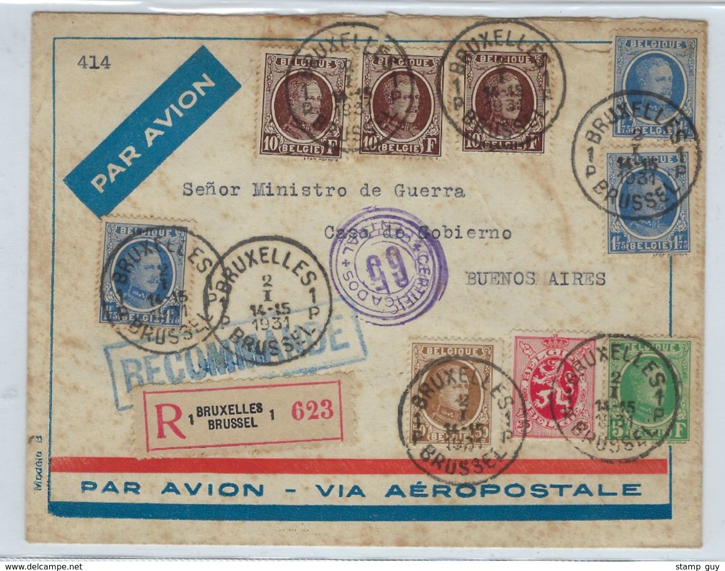 AANGETEKENDE Brief HOUYOUX Met O.a. 3 X Nr. 210 Verzonden Van BRUXELLES Naar BUENOS AIRES (ARGENTINIE) In 1931 ! LOT 227 - 1922-1927 Houyoux