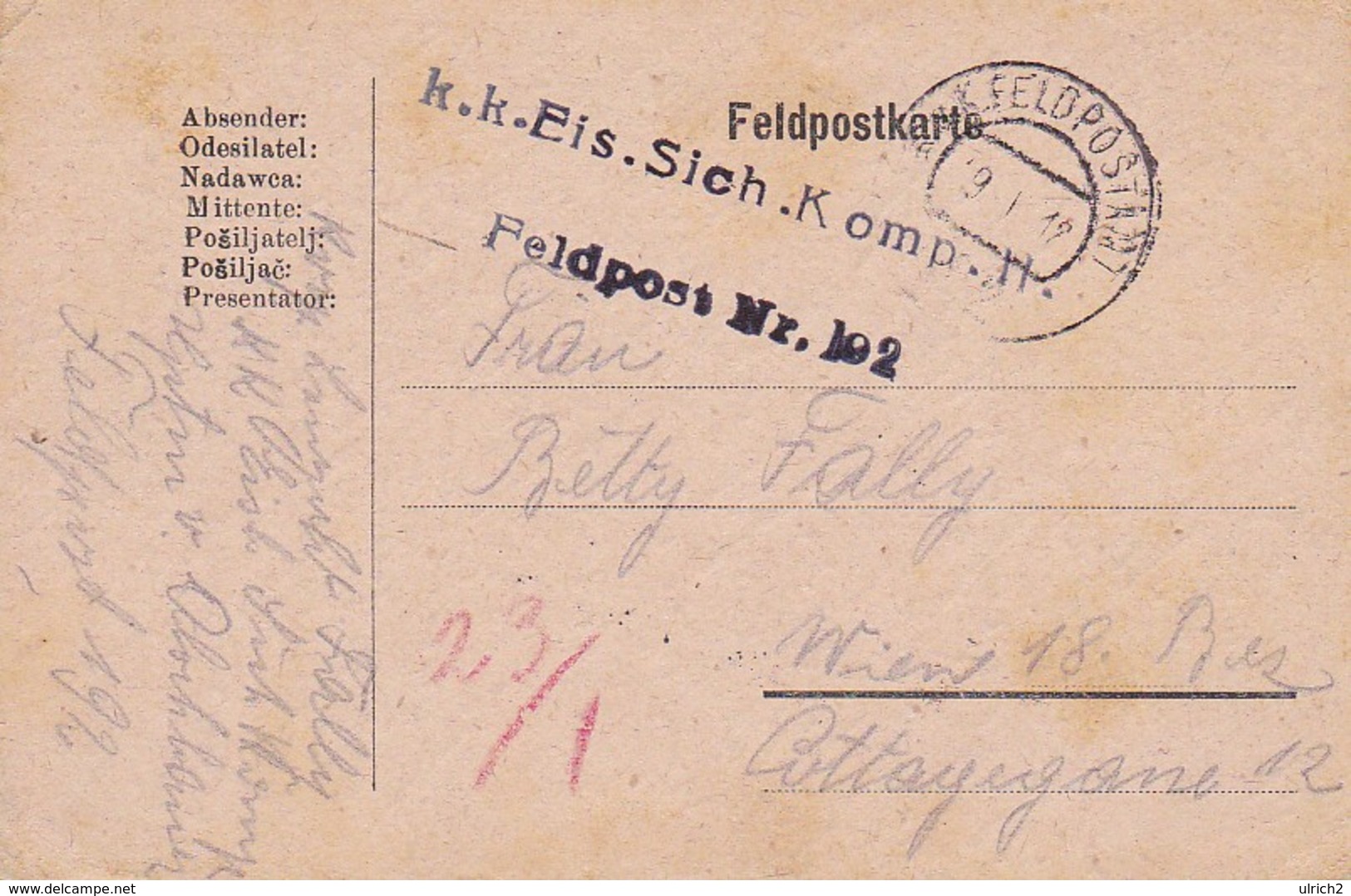 Feldpostkarte - K.k. Eis. Sich. Komp. II - Feldpost Nr . 192 - 1918 (36070) - Briefe U. Dokumente