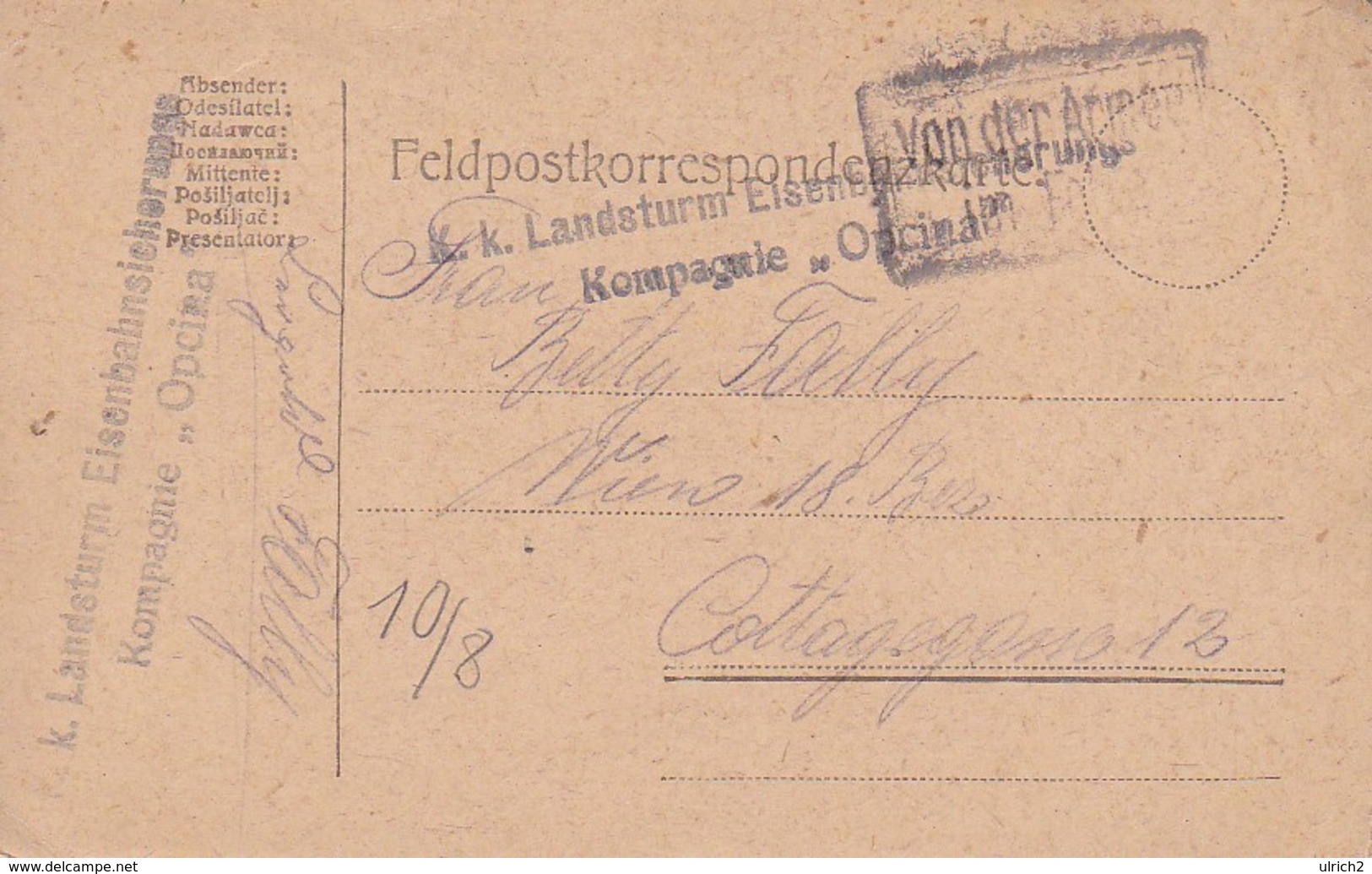 Feldpostkarte - K.k. Landsturm Eisenbahn Sicherungs Kompagnie Opcina - 1917 (36071) - Briefe U. Dokumente