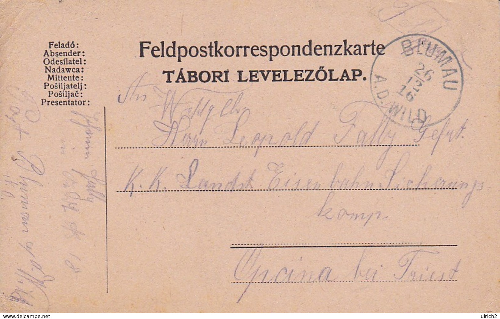 Feldpostkarte - Blumau A. D. Wild Nach K.k. Landsturm Eisenbahn Sicherungs Komp Opcina Bei Triest - 1916 (36073) - Briefe U. Dokumente