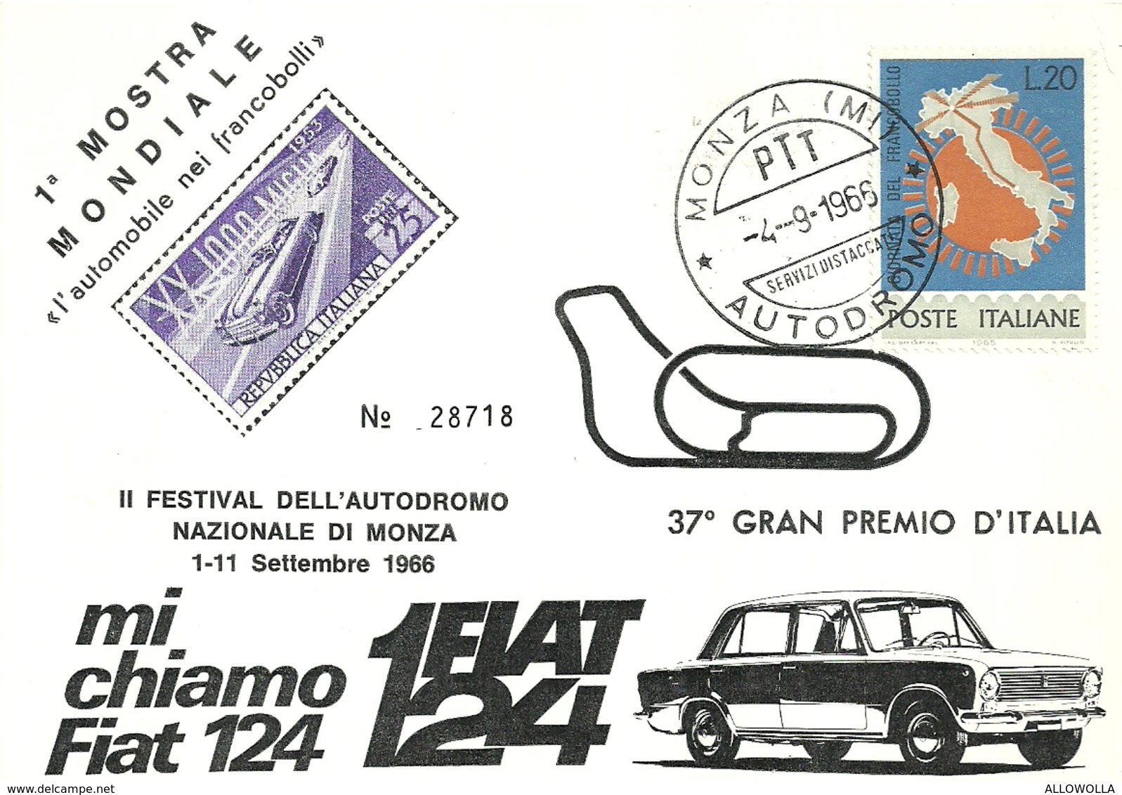 876 " 1° MOSTRA MOND.L'AUTO NEI FRANCOBOLLI-2° FESTIVAL AUTODROMO MONZA-37° GRAN PREMIO D'ITALIA" CART. ORIG SPED. - Manifestazioni