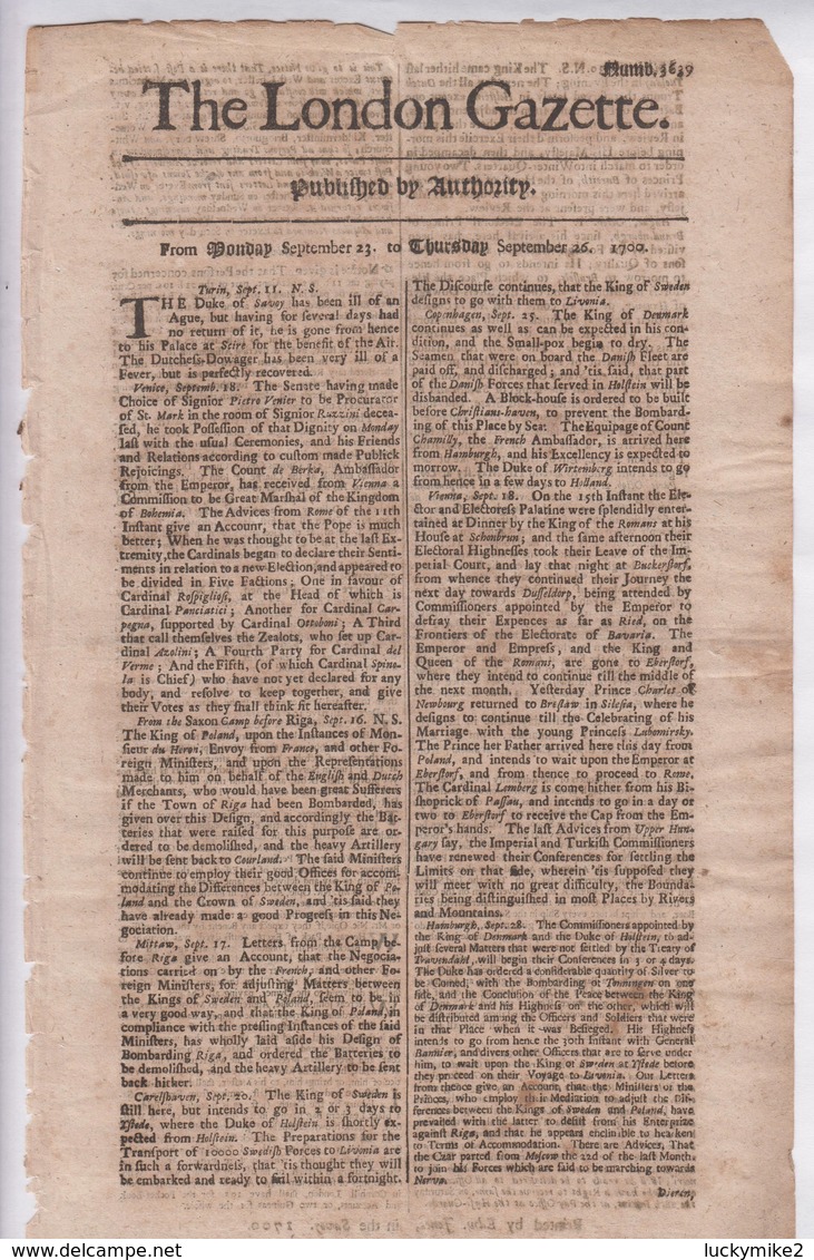 1700 London Gazette, Number 3639. A Single Sheet Newspaper  Over 300 Years Old.  Ref 0577 - Historical Documents