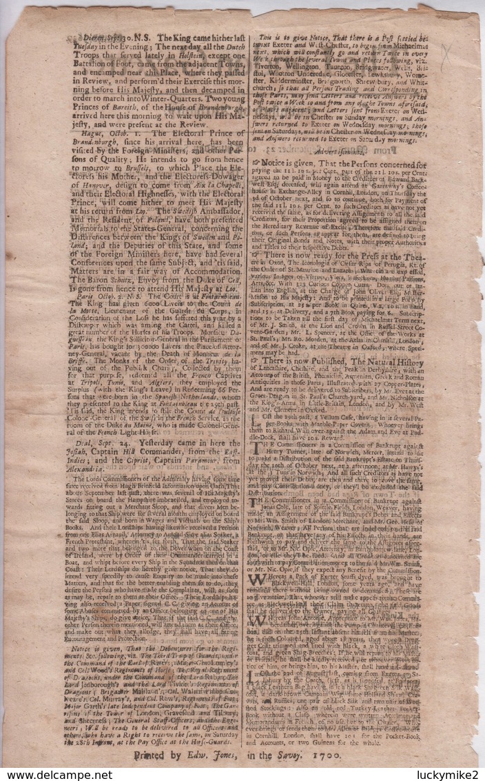 1700 London Gazette, Number 3639. A Single Sheet Newspaper  Over 300 Years Old.  Ref 0577 - Historical Documents