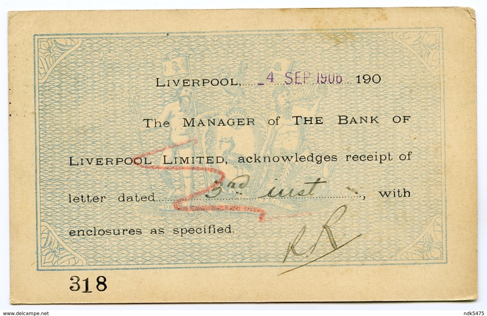 PRE-PRINTED POSTCARD - BANK OF LIVERPOOL / ADDRESS - LAMBTON BANK, NEWCASTLE, 1906 - Liverpool