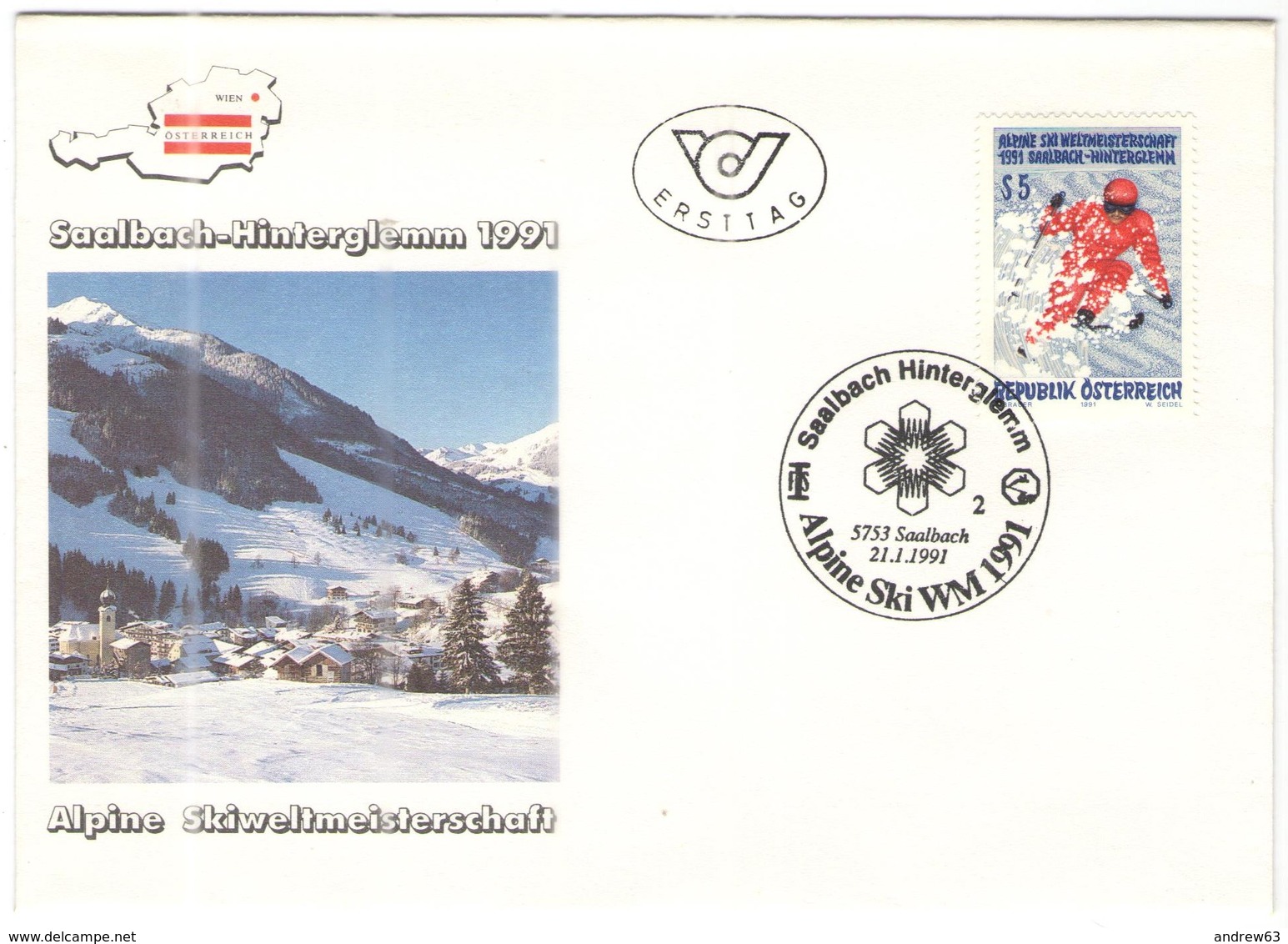 AUSTRIA - ÖSTERREICH - AUTRICHE - 1991 - S5 Alpine Ski WM - Saalbach Hinterglemm - Saalbach - FDC - FDC
