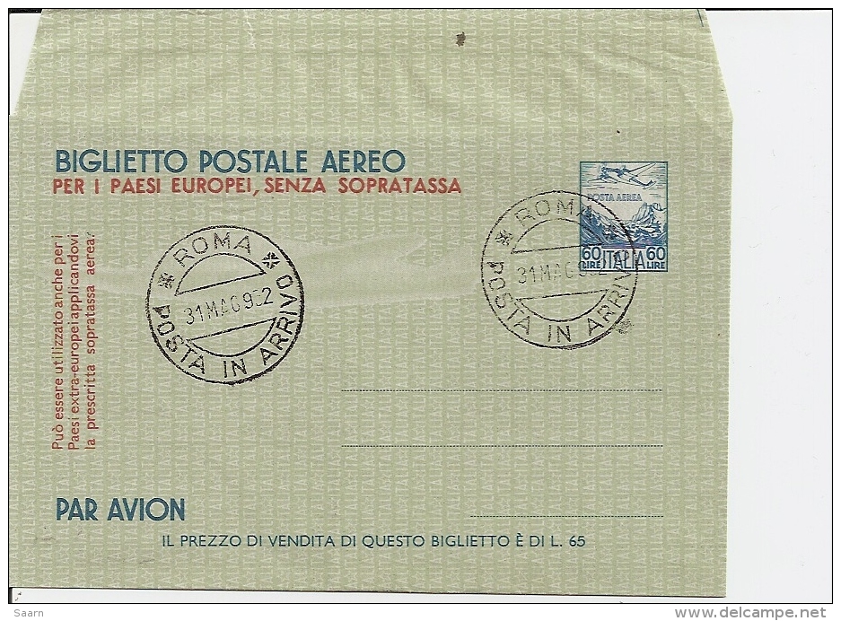 Italien LF 1 - 60 L Aerogramm M  Bl. Ersttagsstempel 31.5.52 - Stamped Stationery