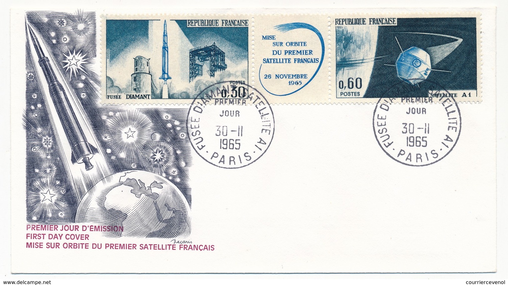 FRANCE - Enveloppe FDC - Fusée Diamant - Satellite A1 - Paris - 1965 - 1960-1969