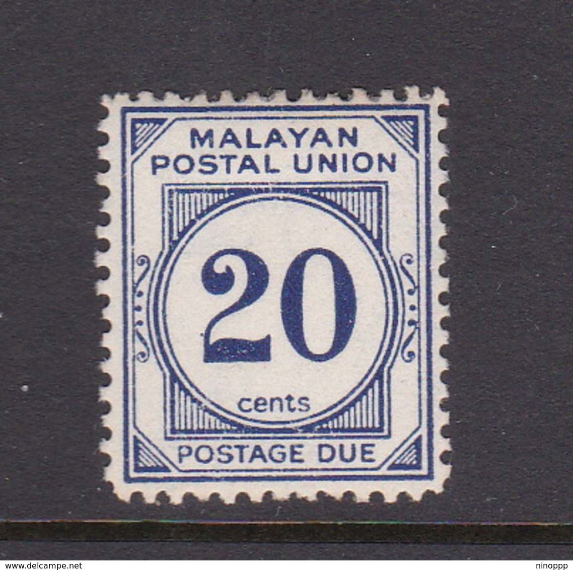 Malayan Postal Union D21 1951 Postage Due 20c Blue,perf 14,mint Hinged - Malaya (British Military Administration)