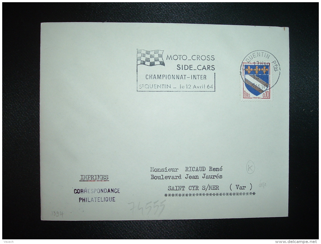 LETTRE TP BLASON TROYES 0,10 OBL.MEC.12-2 1964 ST QUENTIN PPAL AISNE (02) MOTO CROSS SIDE CARS CHAMPIONNAT INTER Le 12 A - Moto