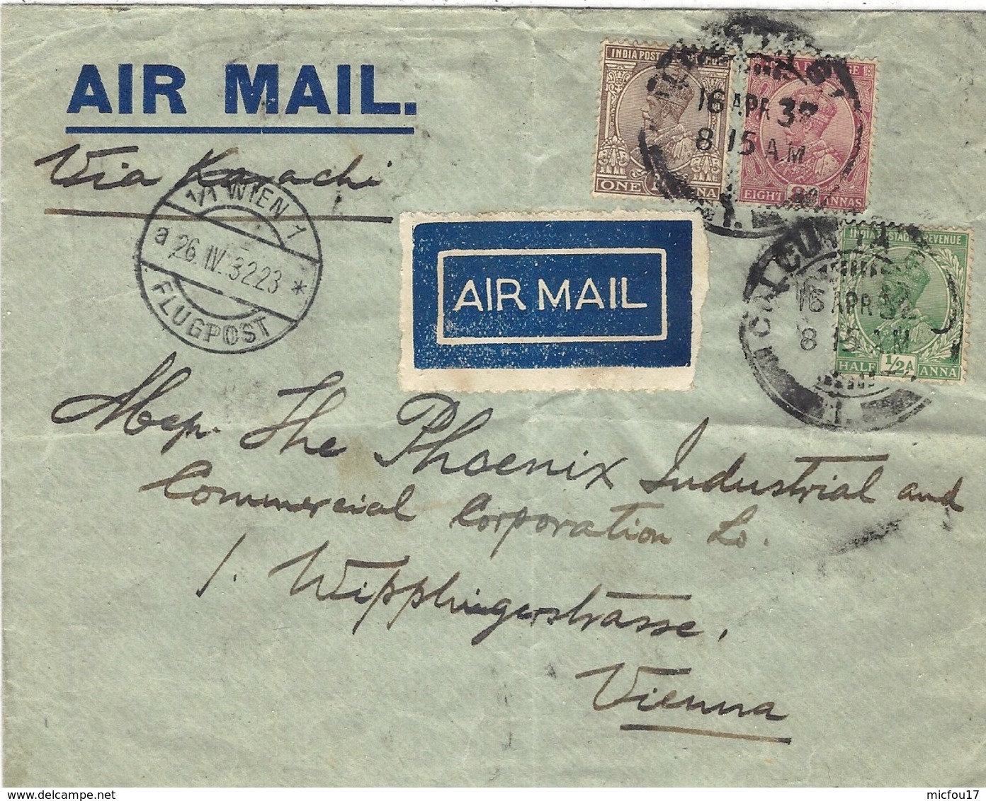 1932- Cover From Calcutta To Wien Fr. 9 1/2 Anna   " Via Karachi " - Storia Postale