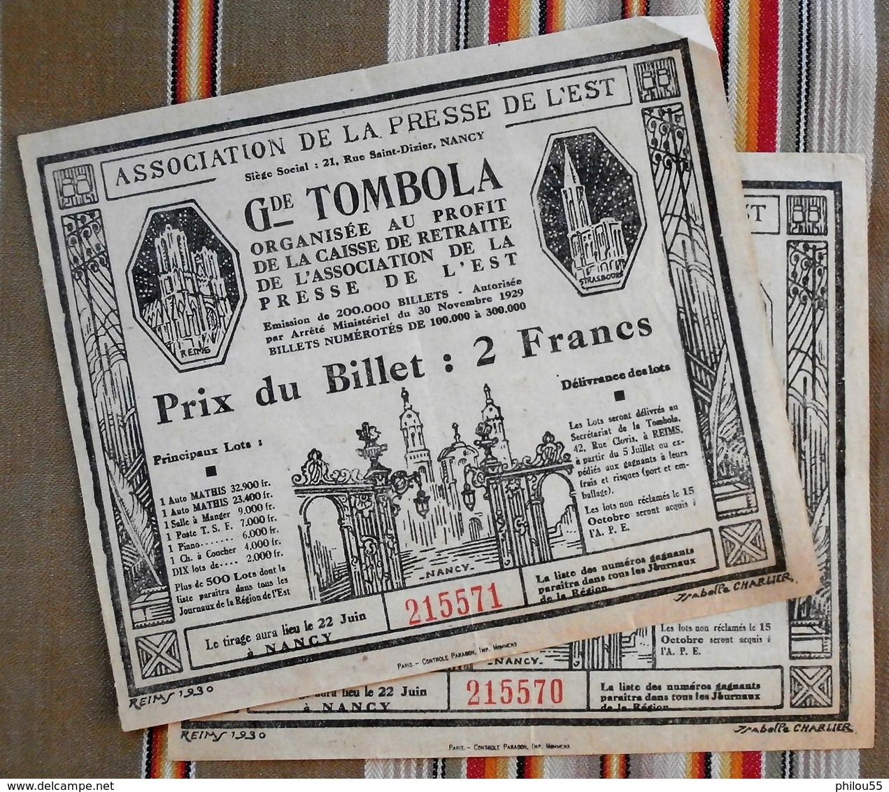 2 Billets De TOMBOLA Reims Nancy Strasbourg 1930 PRESSE DE L'EST - Billets De Loterie