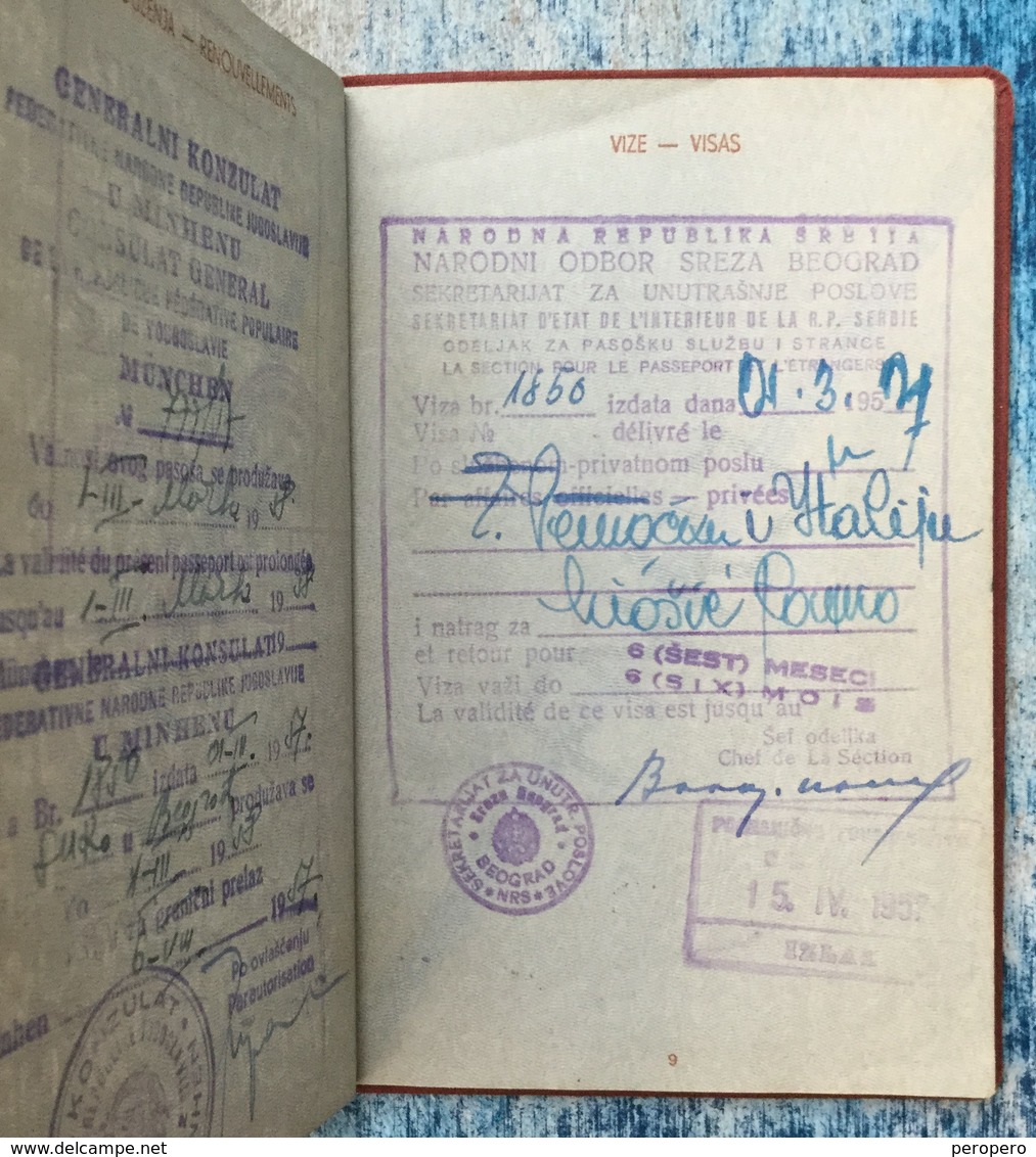 PASSPORT   REISEPASS  PASSAPORTO   YUGOSLAVIA  VISA TO: ITALIA , AUSTRIA , GERMANY  1957. - Documenti Storici