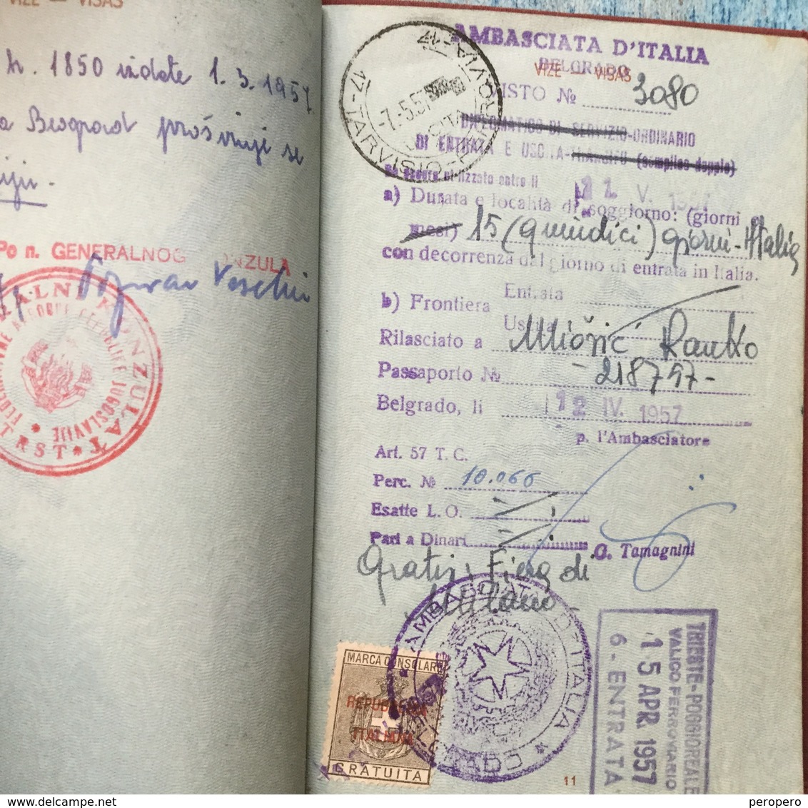 PASSPORT   REISEPASS  PASSAPORTO   YUGOSLAVIA  VISA TO: ITALIA , AUSTRIA , GERMANY  1957. - Documenti Storici