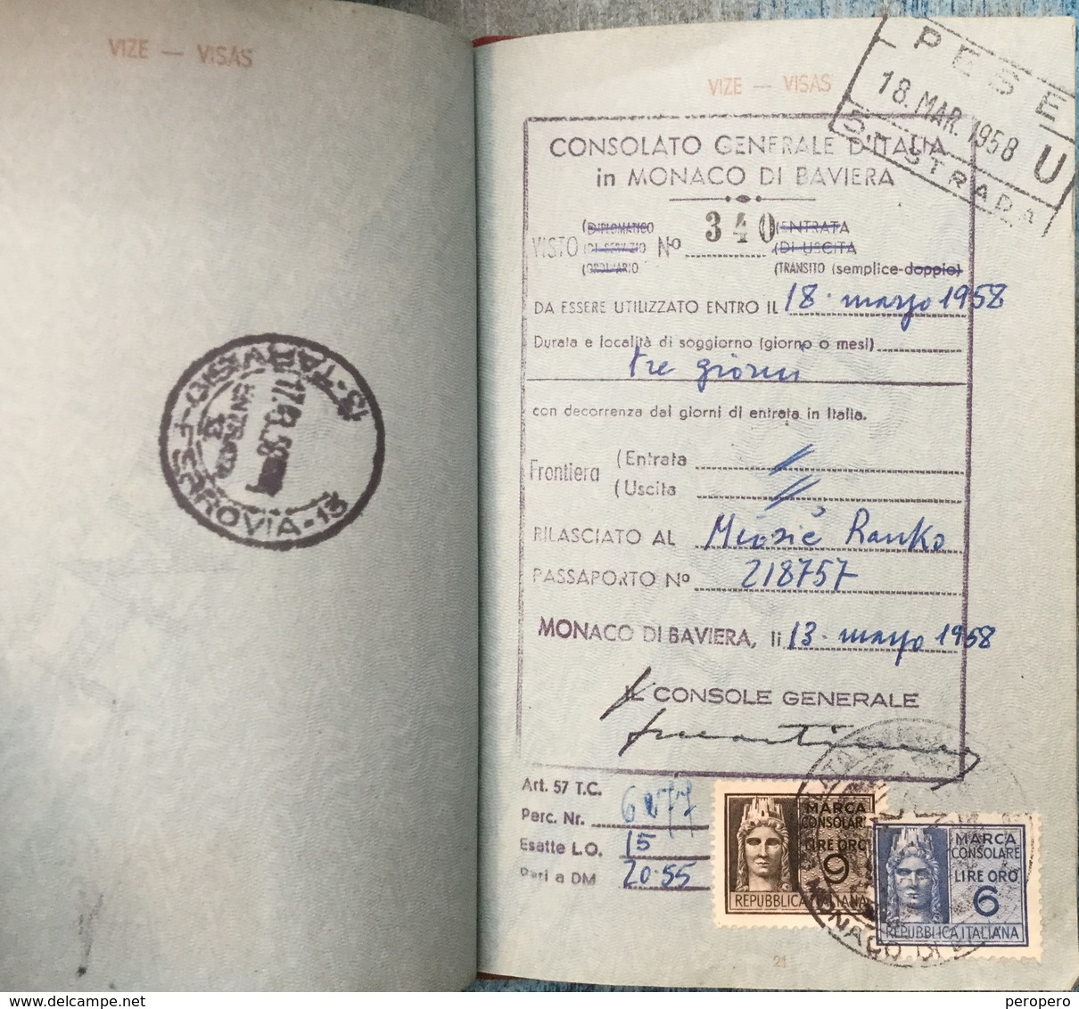 PASSPORT   REISEPASS  PASSAPORTO   YUGOSLAVIA  VISA TO: ITALIA , AUSTRIA , GERMANY  1957. - Documenti Storici