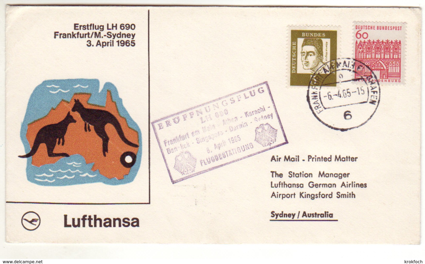 Frankfurt Sydney 1965 Via Athen Karachi Bangkok Singapore Darwin - Lufthansa - Erstflug 1er Vol Inaugural Flight - Thaï - Erst- U. Sonderflugbriefe