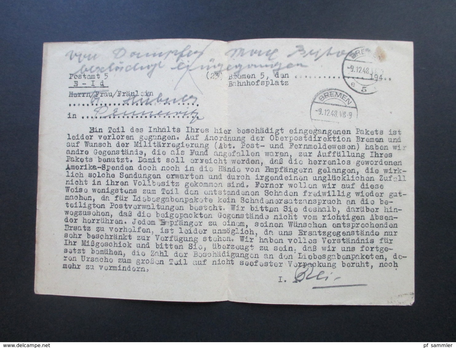 All. Besetzung Dokument 9.12.48 Inhalt Eines Paketes Verloren Gegangen. Liebesgaben / Amerika Spenden. Stempel Bremen - Other & Unclassified