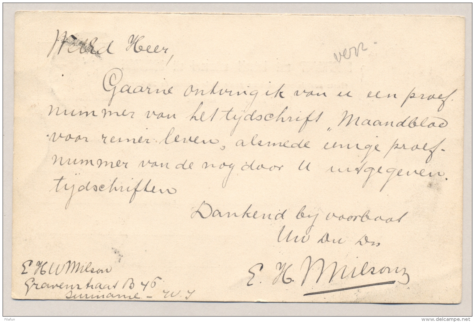 Suriname - 1913 - 5(+5) Cent Cijfer, Briefkaart G18V Echt Gebruikt Van KB Paramaribo Naar Soest/1 / Nederland - Suriname ... - 1975