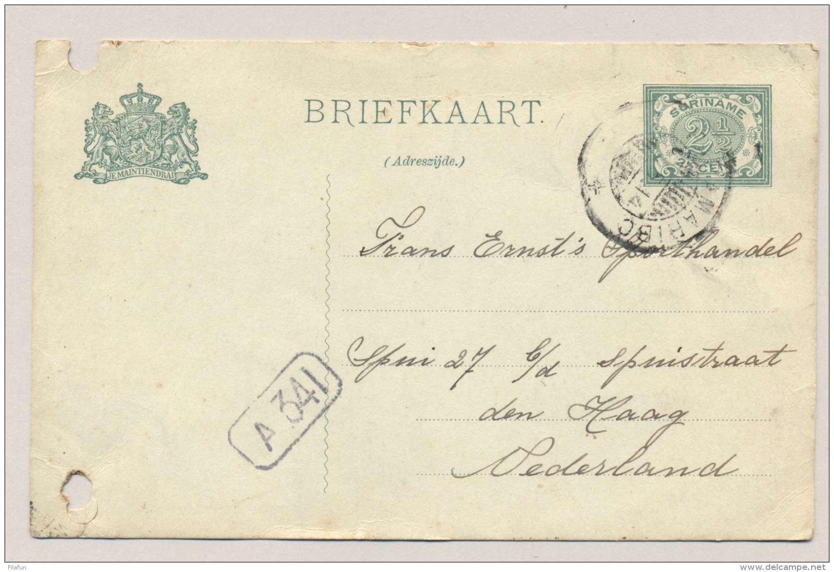 Suriname - 1914 - 2,5 Cent Cijfer, Briefkaart G21 Echt Gebruikt Van KB Paramaribo Naar Den Haag / Nederland - 2e Keus - Suriname ... - 1975