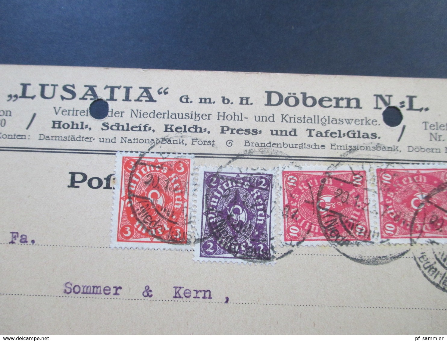 DR Infla 20.1.1923 Posthorn MiF Firmenkarte Lusatia Döbern Niederlausitz Kristallglaswerke / Glashähne In Wiskybarrels - Briefe U. Dokumente