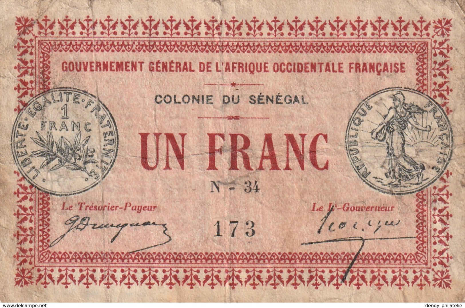 Sénégal Billet De 1 Francs 1917  RARE - Sénégal