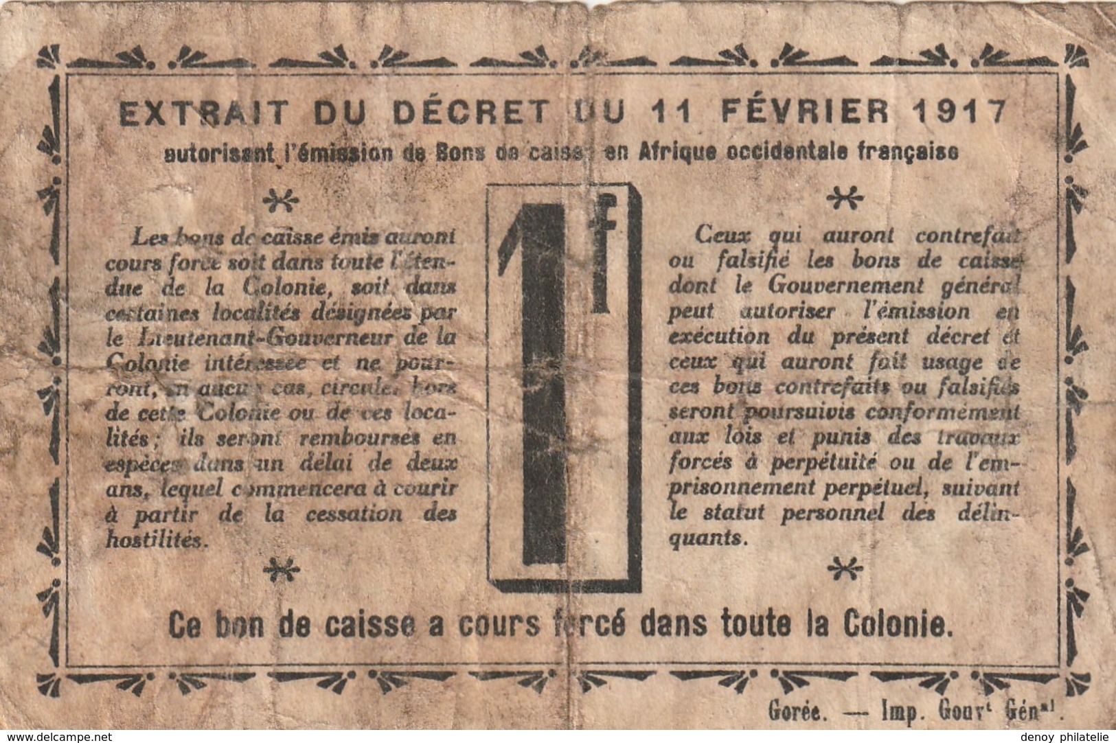 Sénégal Billet De 1 Francs 1917  RARE - Senegal