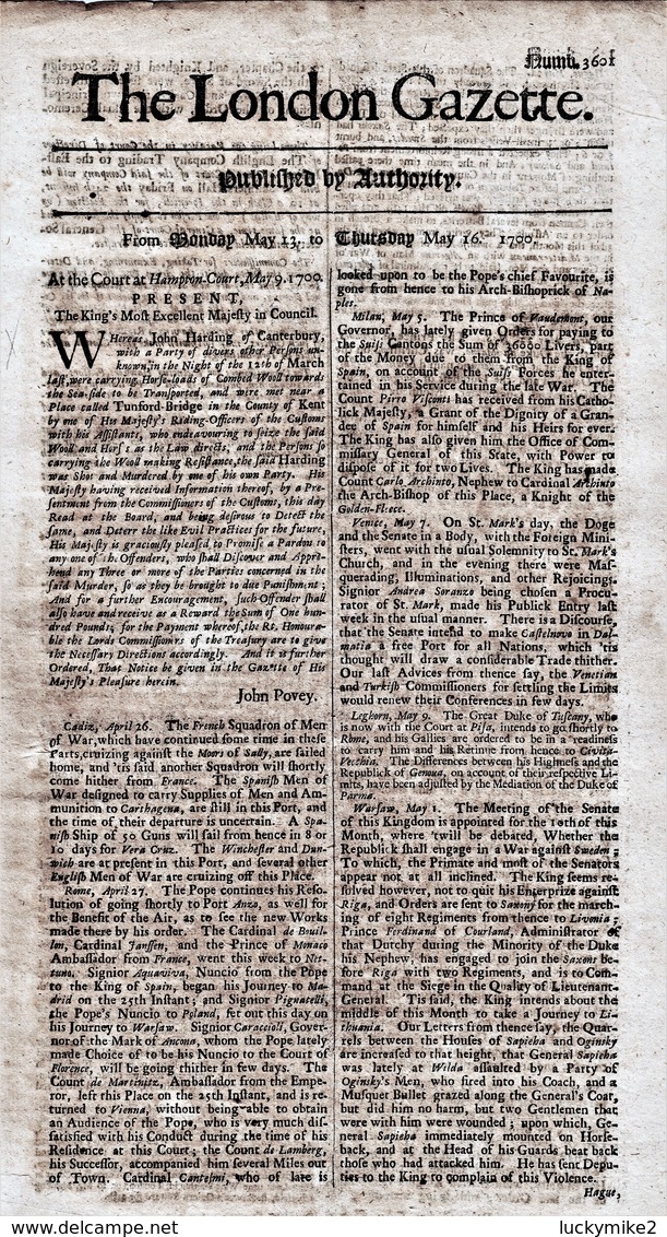 1700 London Gazette, Number 3601,  A Single Sheet Newspaper Over 300  Years Old.  Ref 0578 - Historical Documents