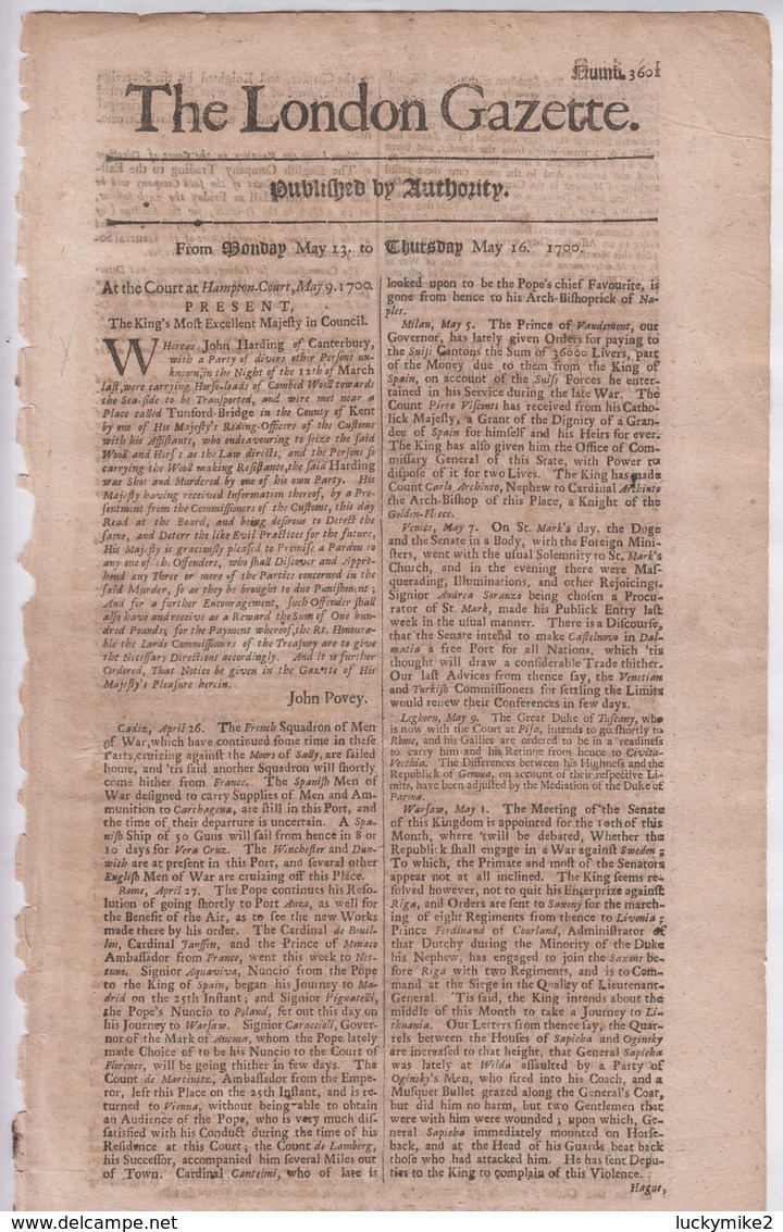 1700 London Gazette, Number 3601,  A Single Sheet Newspaper Over 300  Years Old.  Ref 0578 - Historical Documents