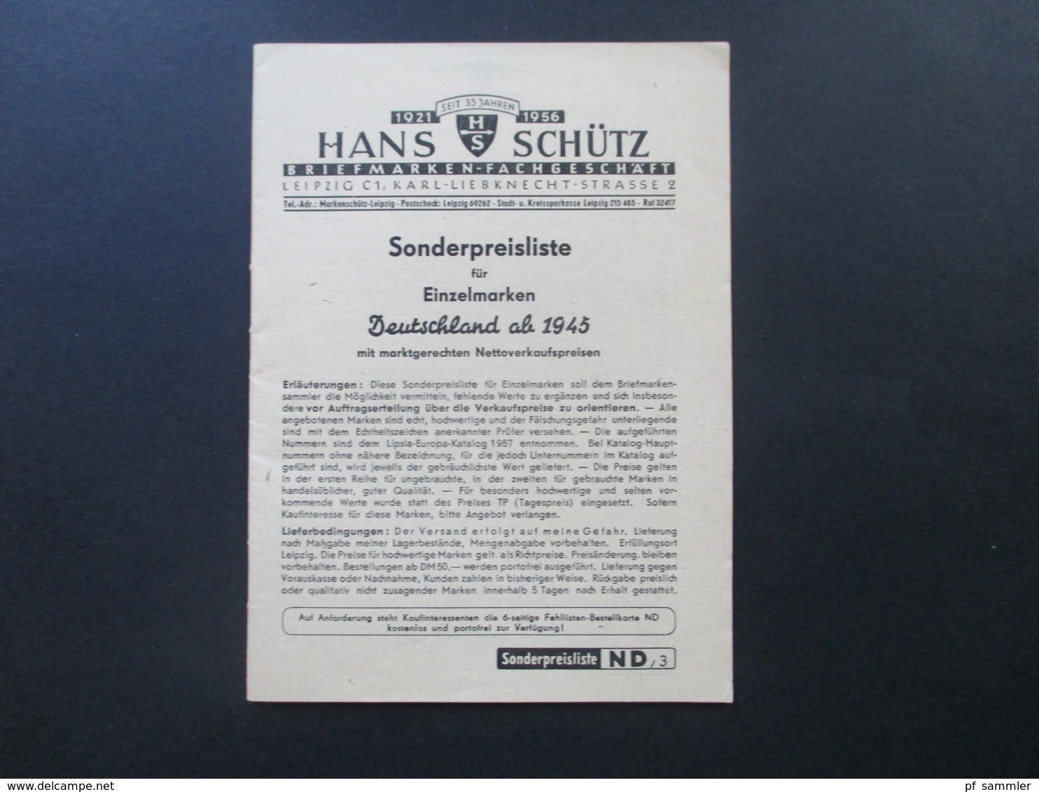 1956 Dokument / Sonderpreisliste Für Marken Deutschland Ab 1945 Hans Schütz Briefmarkengeschäft Leipzig - Reclame