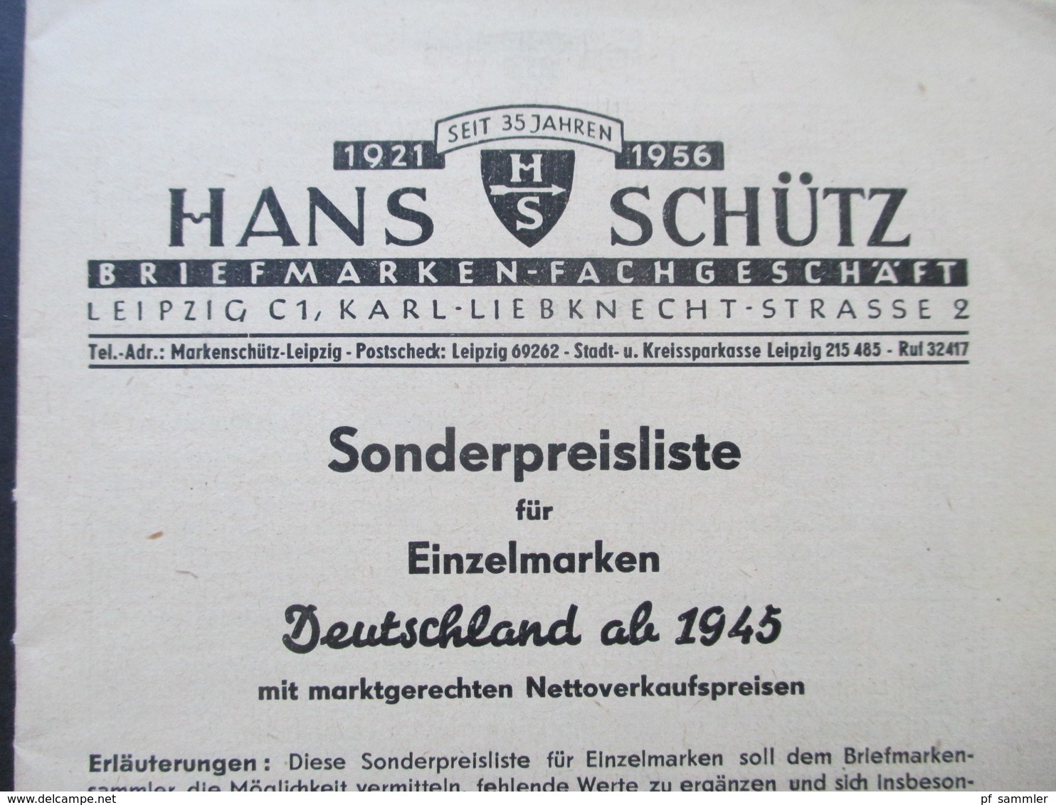 1956 Dokument / Sonderpreisliste Für Marken Deutschland Ab 1945 Hans Schütz Briefmarkengeschäft Leipzig - Reclame