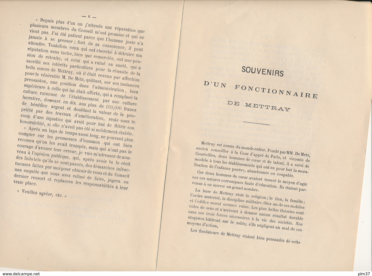 Colonie Agricole De METTRAY, Indre Et Loire - Souvenirs D'un Fonctionnaire, 1885 - M. Guimas - Autres & Non Classés