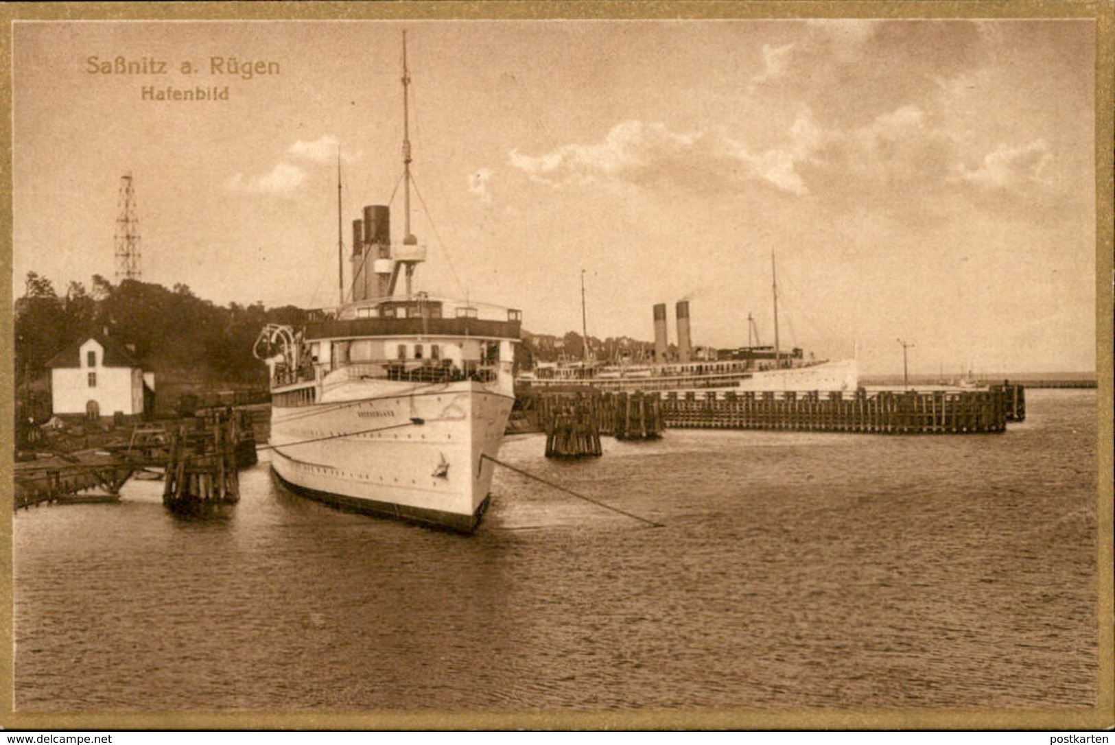 ALTE POSTKARTE INSEL RÜGEN SASSNITZ HAFENBILD Goldrahmen Goldschrift Bromogold Dampfer Steam Ship Ansichtskarte Postcard - Ruegen