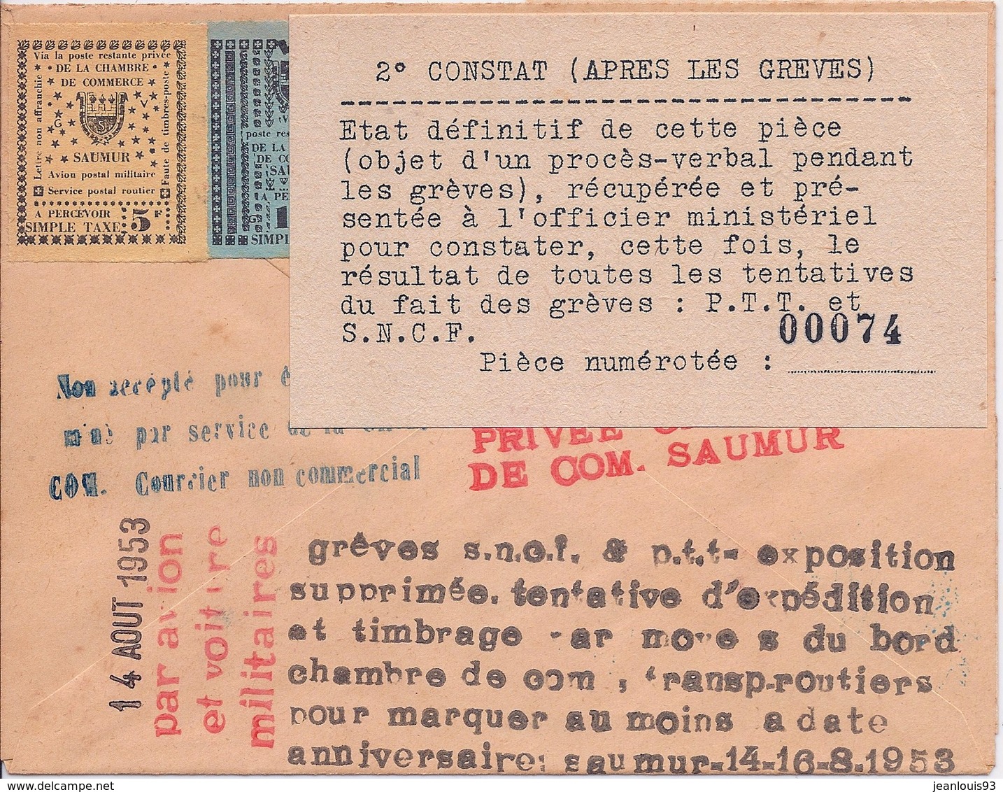 FRANCE - LETTRE GREVE SAUMUR 1953 - Other & Unclassified