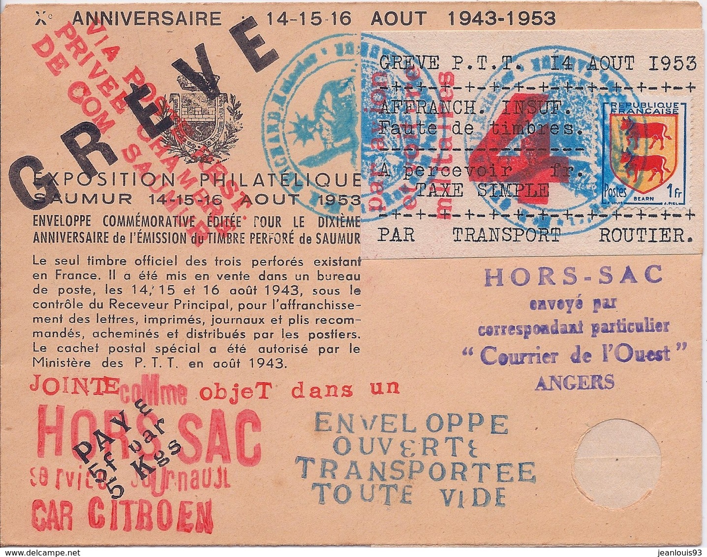 FRANCE - LETTRE GREVE SAUMUR 1953 - Other & Unclassified