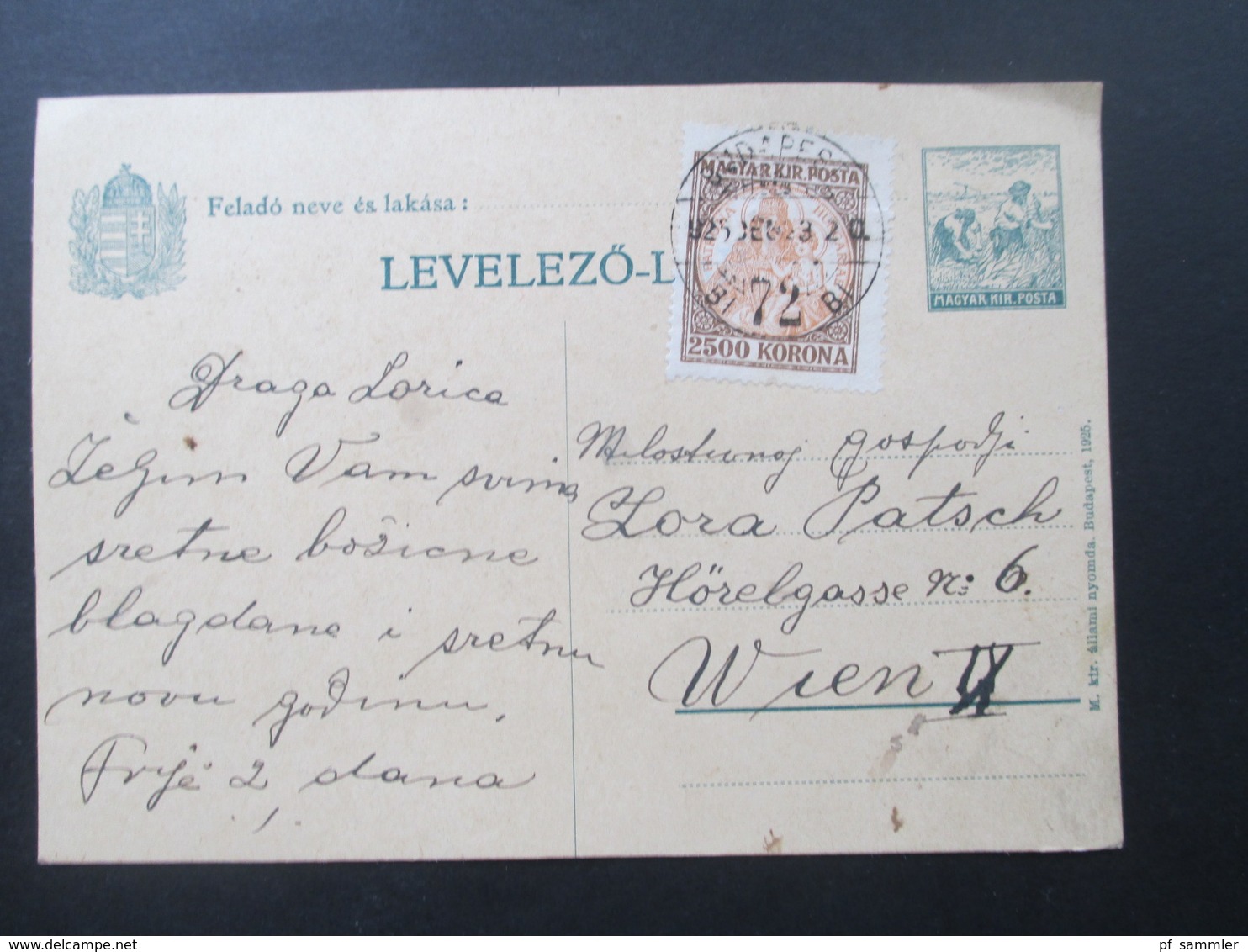 Ungarn 1925 Ganzsache Mit Zusatzfrankatur Nr. 401 Patrona Hungariae Budapest Nach Wien Gesendet! - Briefe U. Dokumente