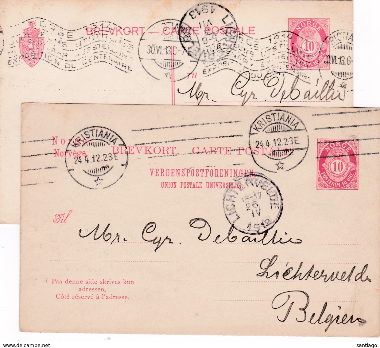Twee Briefkaaretn Verstuurd In KRISTIANA =>  Belgium ( Lichtervelde - Entiers Postaux