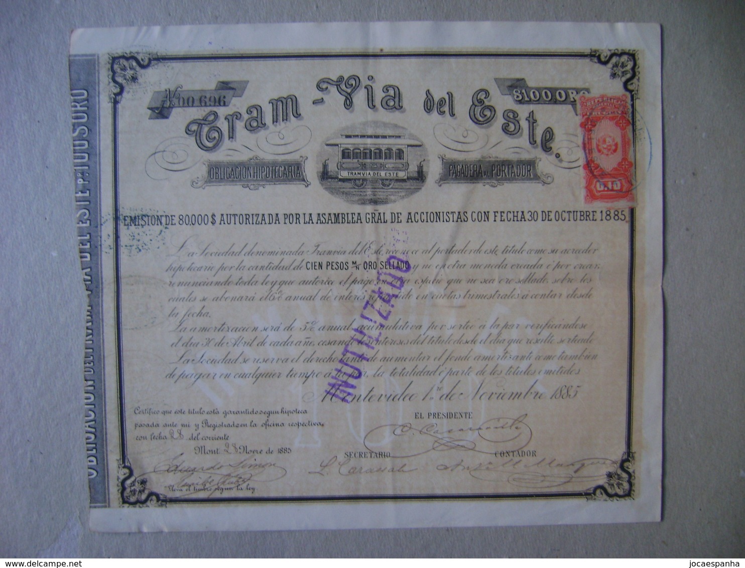 URUGUAY (TRAIN) - "TRAN - VIA DEL ESTE" MORTGAGE OBLIGATION OF 1885 IN THE STATE - Chemin De Fer & Tramway