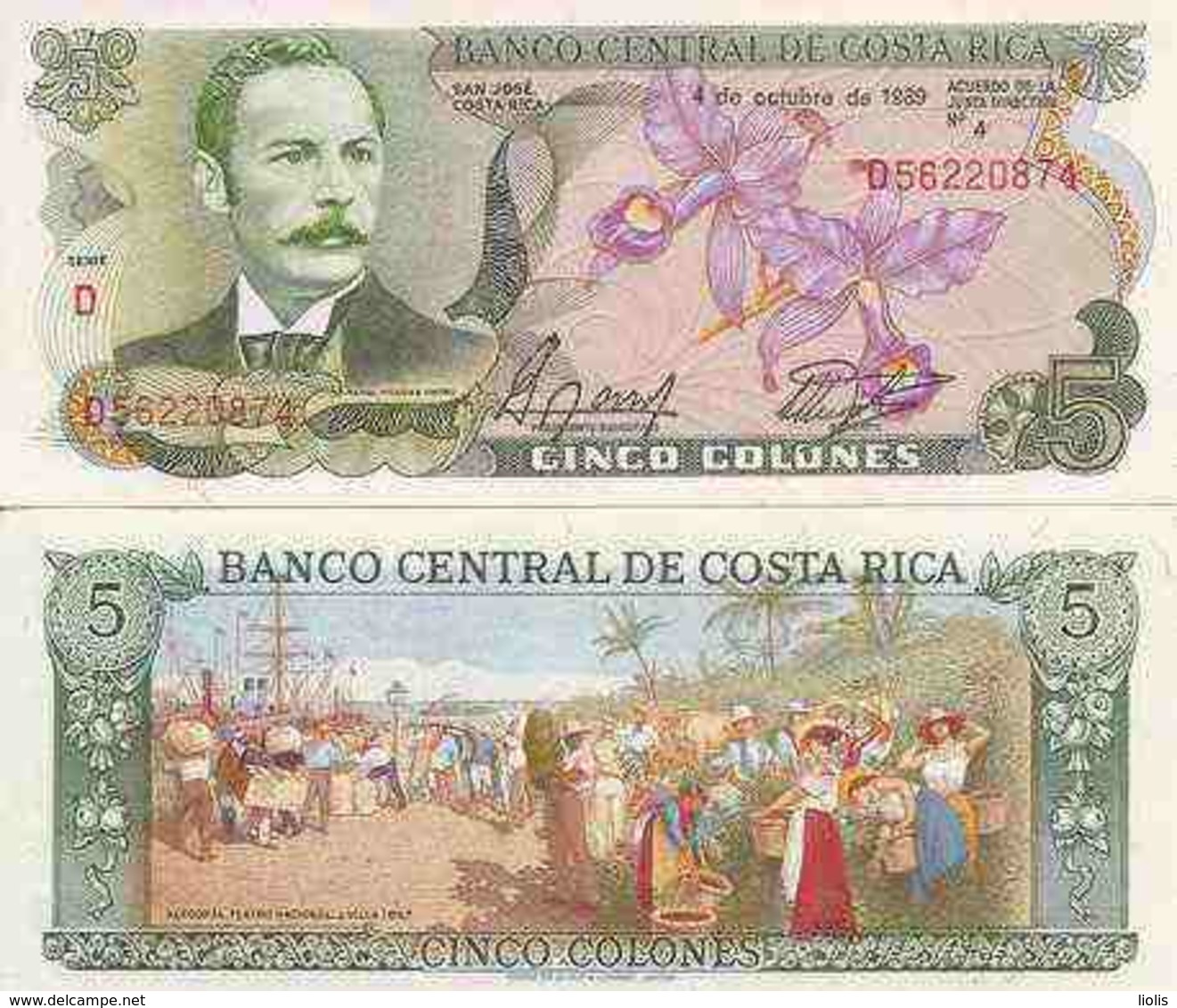 Costa Rica  P-236d  5 Colones  1989  UNC - Costa Rica