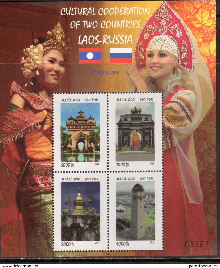 LAOS, 2013, MNH, LAOS- RUSSIA COOPERATION, COSTUMES, TEMPLES, SHEETLET, SCARCE - Costumes