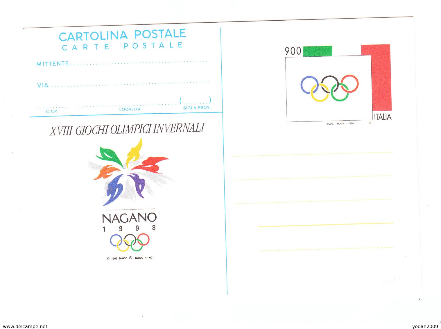 Italy NAGANO WITNER OLYMPIC GAMES PREPAID POSTCARD 1998 - Hiver 1998: Nagano