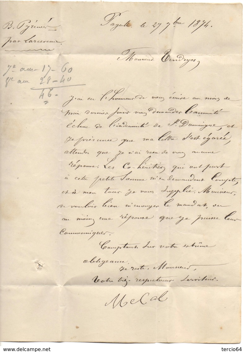 Lettre Année 1874, De Pagolle (64) Pour Saône Et Loire Redirigée Sur Paris (cf Scans) - 1849-1876: Klassik