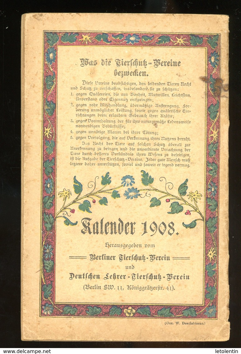 TIERFCHUTZ KALENDER 1908 - LIVRET DE 50 PAGES 11 X 17 CM - Kleinformat : 1901-20