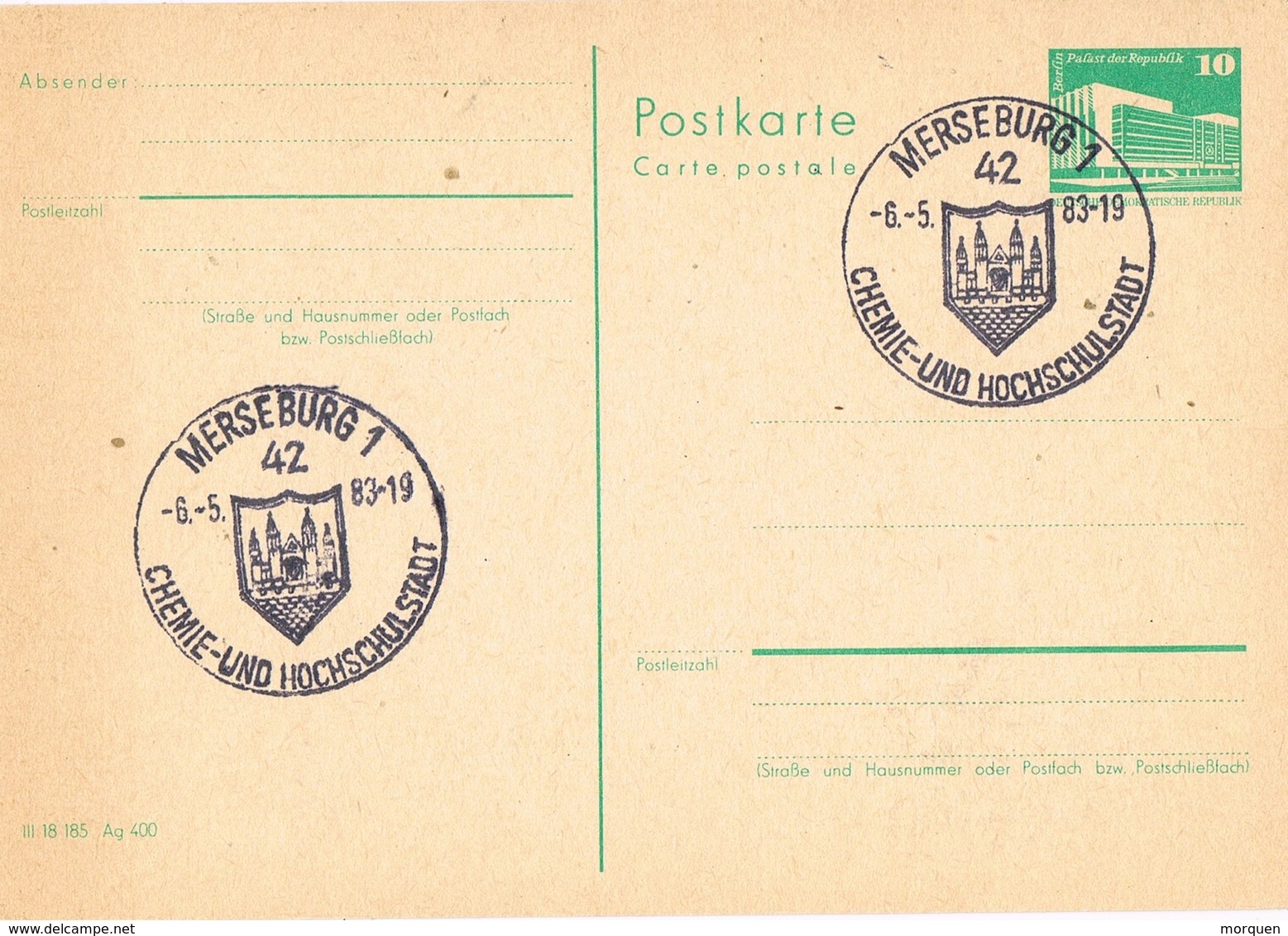 29670. Tarjeta Entero Postal MERSEBURG (Alemania Berlin) 1983. Chemie, Quimica - Postkarten - Gebraucht
