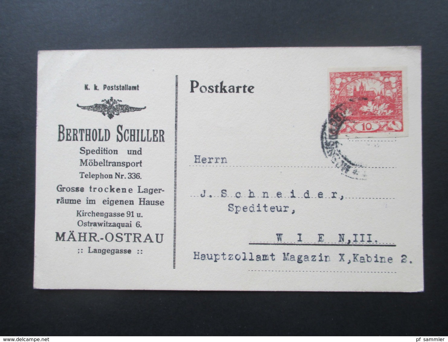 CSSR 1.2.1919 Firmenkarte Berthold Schiller Spedition Und Möbeltransport Mähr. Ostrau - Storia Postale