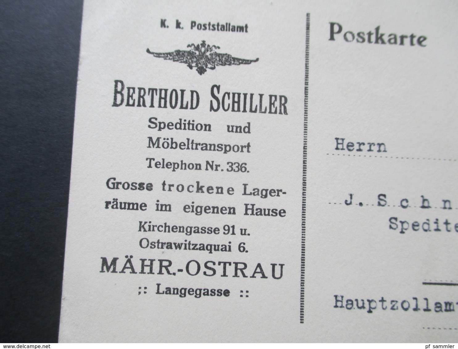 CSSR 1.2.1919 Firmenkarte Berthold Schiller Spedition Und Möbeltransport Mähr. Ostrau - Storia Postale