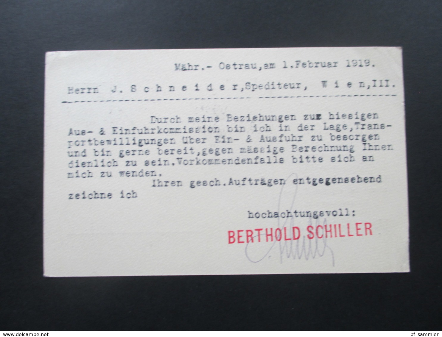 CSSR 1.2.1919 Firmenkarte Berthold Schiller Spedition Und Möbeltransport Mähr. Ostrau - Brieven En Documenten