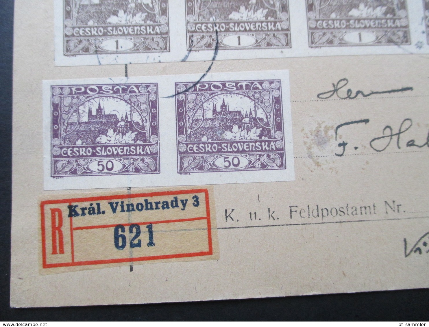 CSSR Um 1919 Hradschin Nr. 18 Als Waagerechter 4er Streifen Und Nr. 10 Als Waag. Paar. Einschreiben Kral. Vinohrady - Covers & Documents