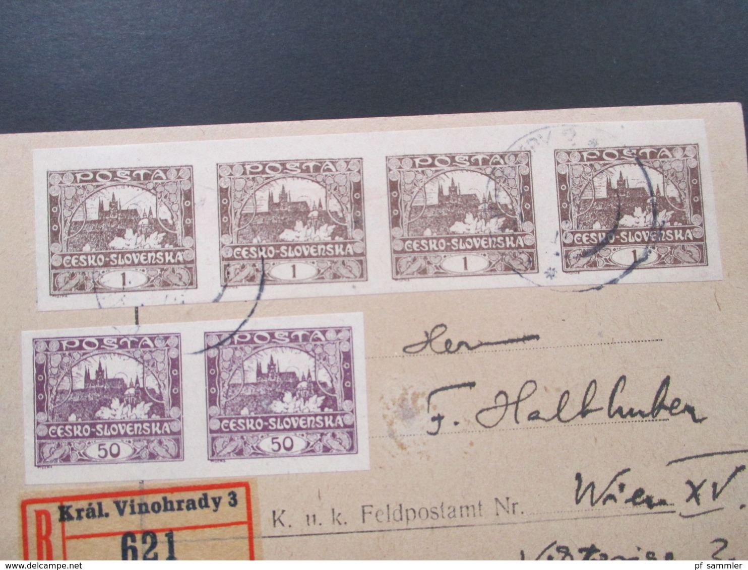CSSR Um 1919 Hradschin Nr. 18 Als Waagerechter 4er Streifen Und Nr. 10 Als Waag. Paar. Einschreiben Kral. Vinohrady - Lettres & Documents