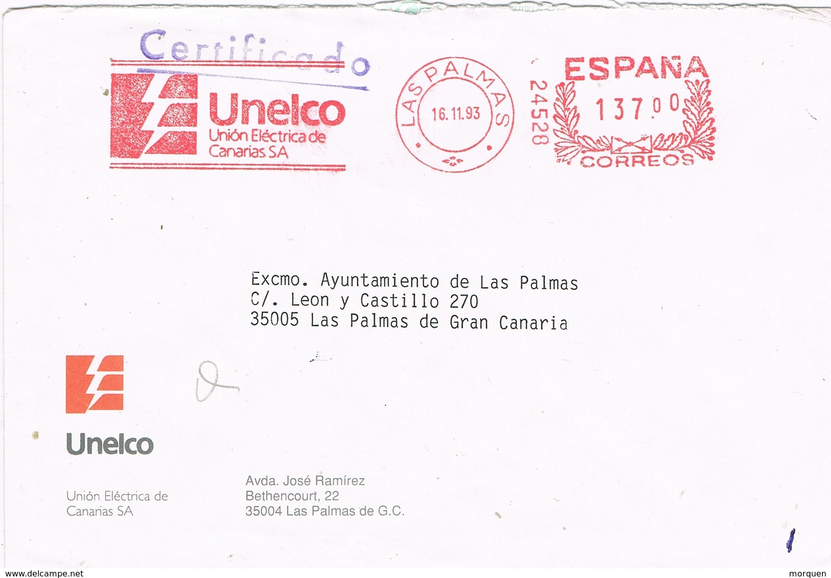 29676. Carta Certificada LAS PALMAS (Canarias) 1993. Franqueo Mecanico UNELCO - Cartas & Documentos