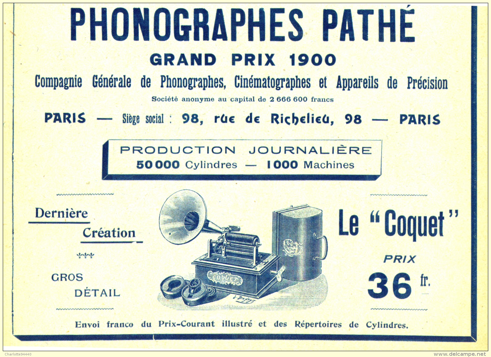 PUB  PHONOGRAPHES  " PATHE  "  " LE COQUET "  1903 (1) - Autres & Non Classés