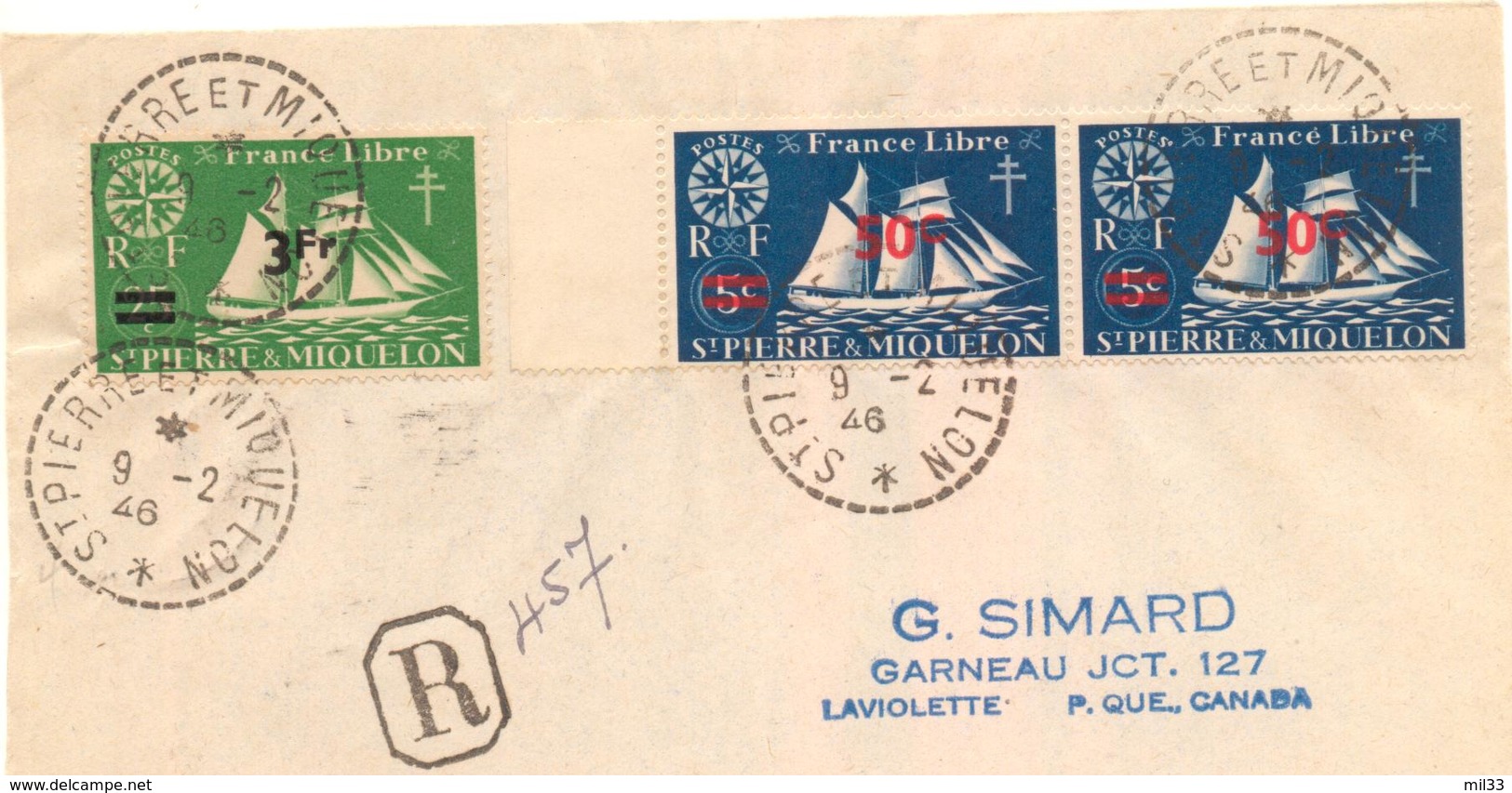 Lettre Pour Le Canada De 1946 Avec 3t Dont 2 Goélette  France Libre 5c Surchargée 50c - Cartas & Documentos